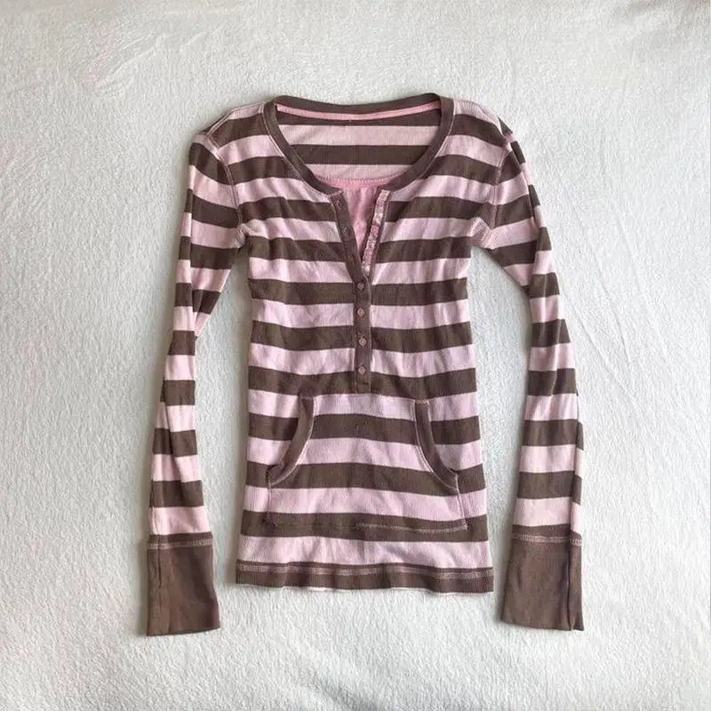 Vintage Fashion Korea - Winter T-shirt Stripe Fake 2Piece Slim