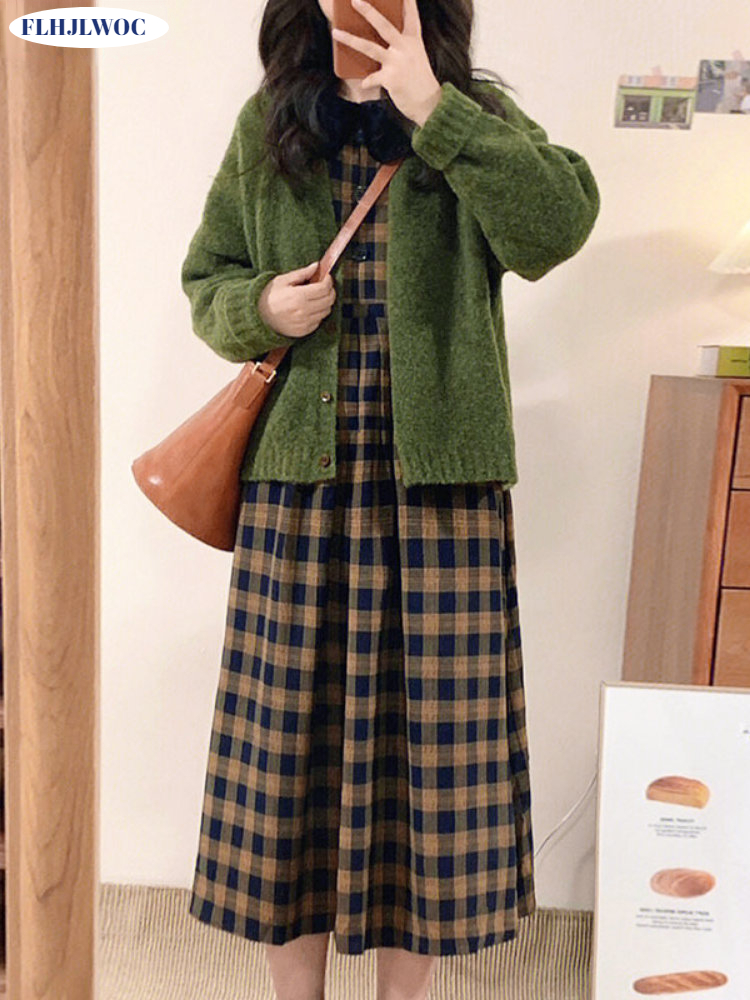 Coffee Plaid Dresses 2023 Basi - Vintage Fashion Korea review and price
