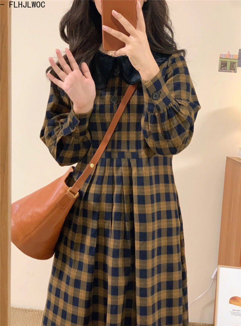Coffee Plaid Dresses 2023 Basi - Vintage Fashion Korea review and price