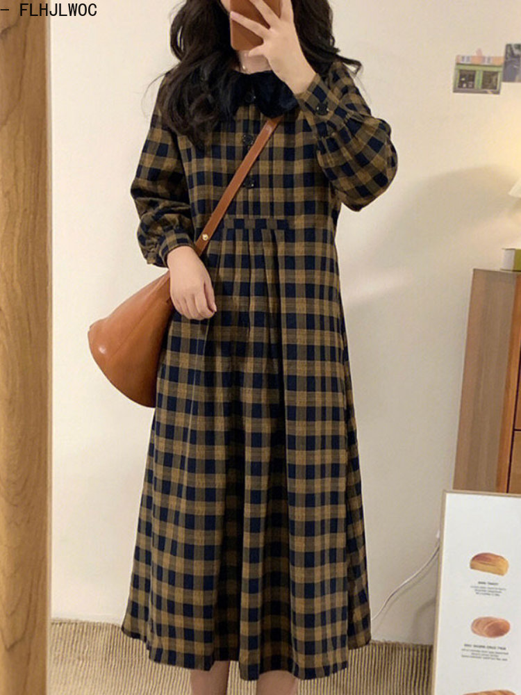 Coffee Plaid Dresses 2023 Basi - Vintage Fashion Korea review and price