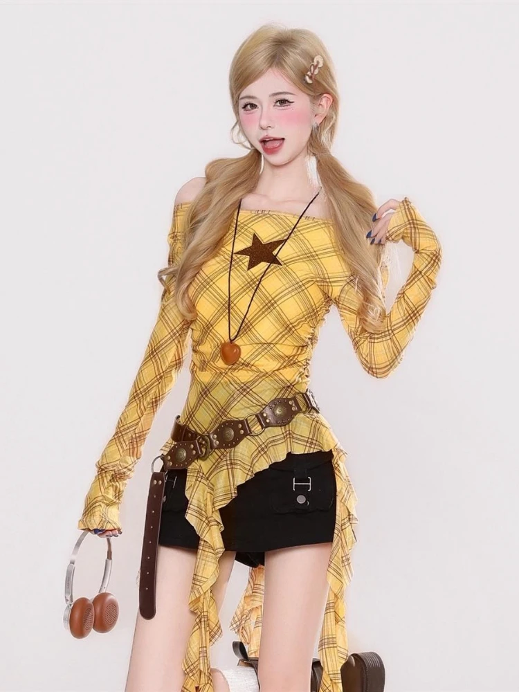 Y2K Plaid Slash Neck Vintage T - Vintage Fashion For Women review and price